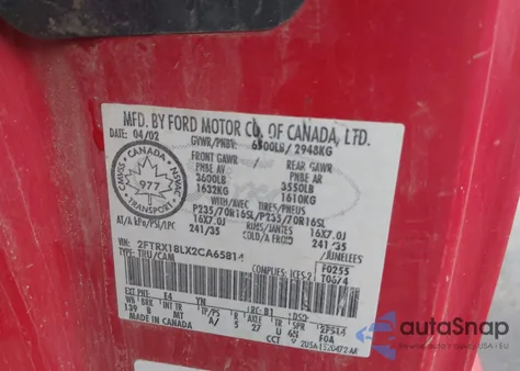 2002 Ford F150 Lariat/Xl/Xlt z USA, uszkodzony, nr VIN 2FTRX18LX2CA65814